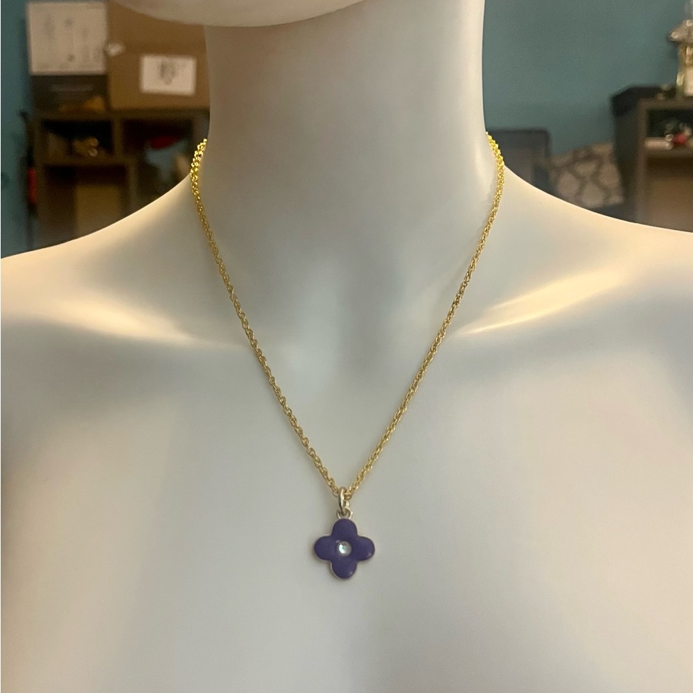 Coach Purple Enamel Crystal Clover Pendant 18k/.925 Sterling Silver Necklace - Picture 1 of 6